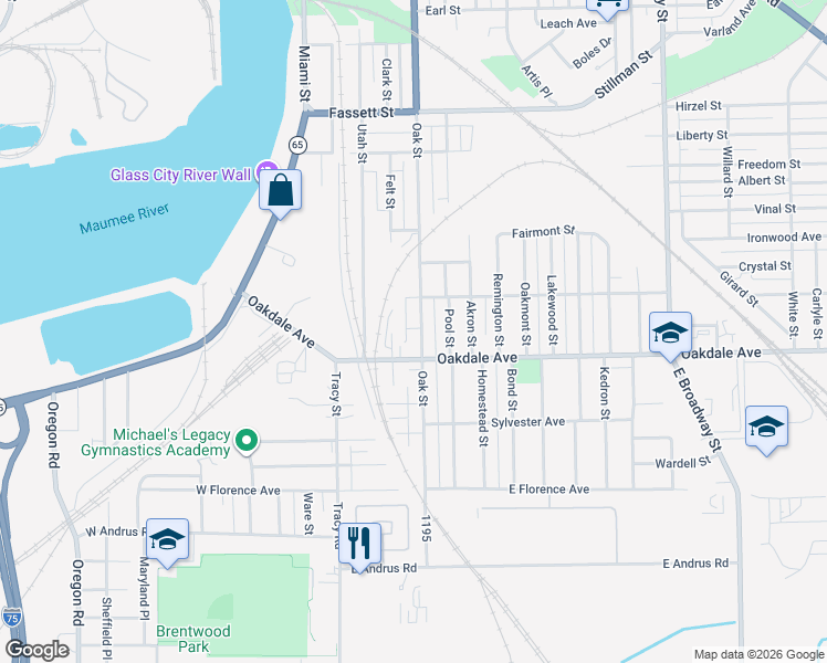 map of restaurants, bars, coffee shops, grocery stores, and more near in Toledo