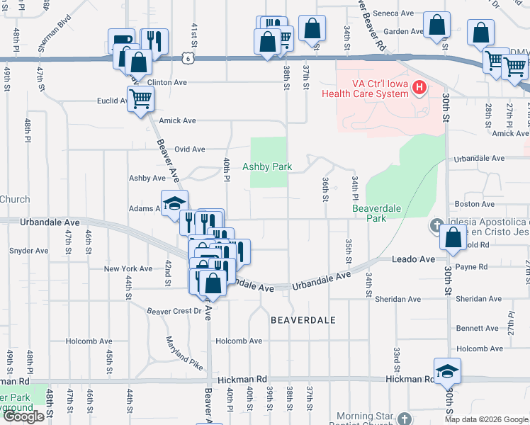 map of restaurants, bars, coffee shops, grocery stores, and more near 3810 Adams Avenue in Des Moines