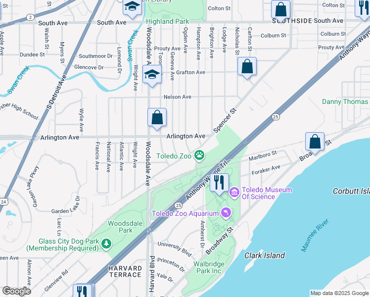 map of restaurants, bars, coffee shops, grocery stores, and more near 950 Geneva Avenue in Toledo