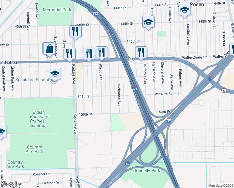 map of restaurants, bars, coffee shops, grocery stores, and more near 14848 Richmond Avenue in Posen