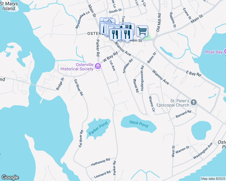 map of restaurants, bars, coffee shops, grocery stores, and more near 234 Parker Road in Barnstable