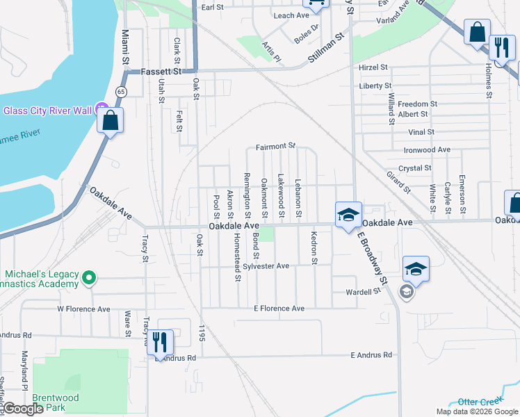 map of restaurants, bars, coffee shops, grocery stores, and more near 1551 Remington Street in Toledo