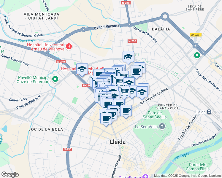 map of restaurants, bars, coffee shops, grocery stores, and more near 136 Gran Passeig de Ronda in Lleida