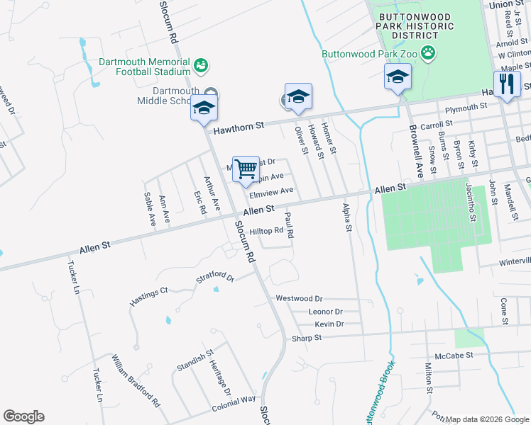 map of restaurants, bars, coffee shops, grocery stores, and more near 21 Hilltop Road in Dartmouth