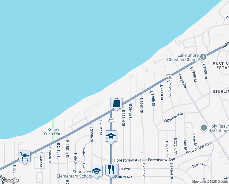 map of restaurants, bars, coffee shops, grocery stores, and more near 26011 Lakeshore Boulevard in Euclid