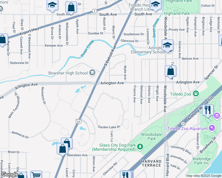 map of restaurants, bars, coffee shops, grocery stores, and more near 901 Garden Lake Parkway in Toledo