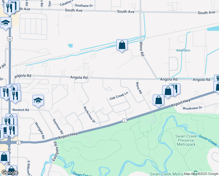 map of restaurants, bars, coffee shops, grocery stores, and more near 1120 South Creek Lane in Toledo