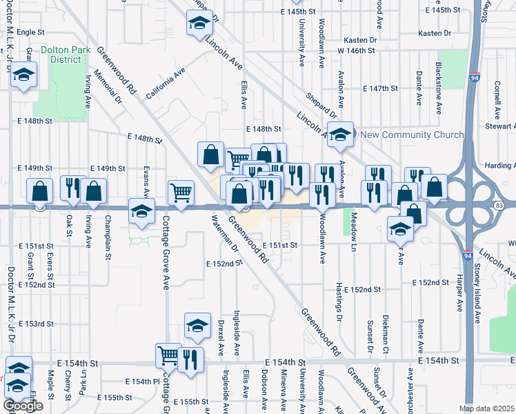 map of restaurants, bars, coffee shops, grocery stores, and more near 1011 Sibley Boulevard in Dolton
