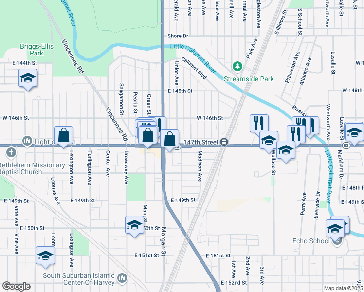 map of restaurants, bars, coffee shops, grocery stores, and more near E 147th St & Sibley Blvd & Washington Ave in Harvey