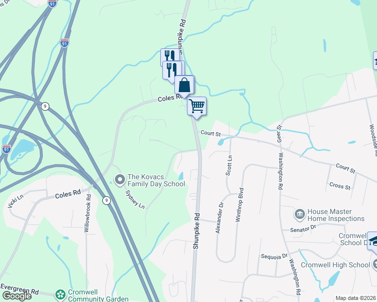 map of restaurants, bars, coffee shops, grocery stores, and more near 3 Sovereign Ridge in Cromwell