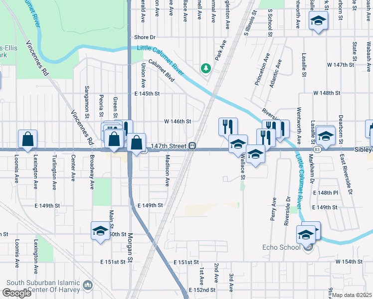 map of restaurants, bars, coffee shops, grocery stores, and more near East 147th Street & Clinton Street in Harvey