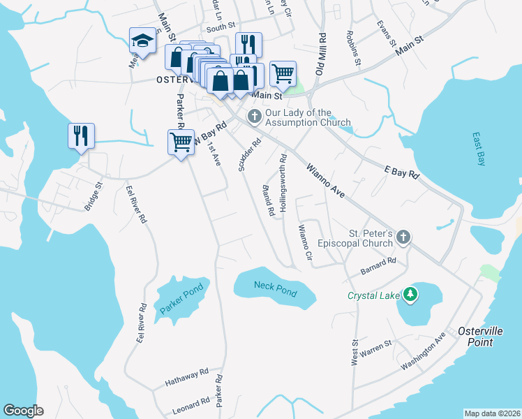 map of restaurants, bars, coffee shops, grocery stores, and more near 159 Scudder Road in Barnstable