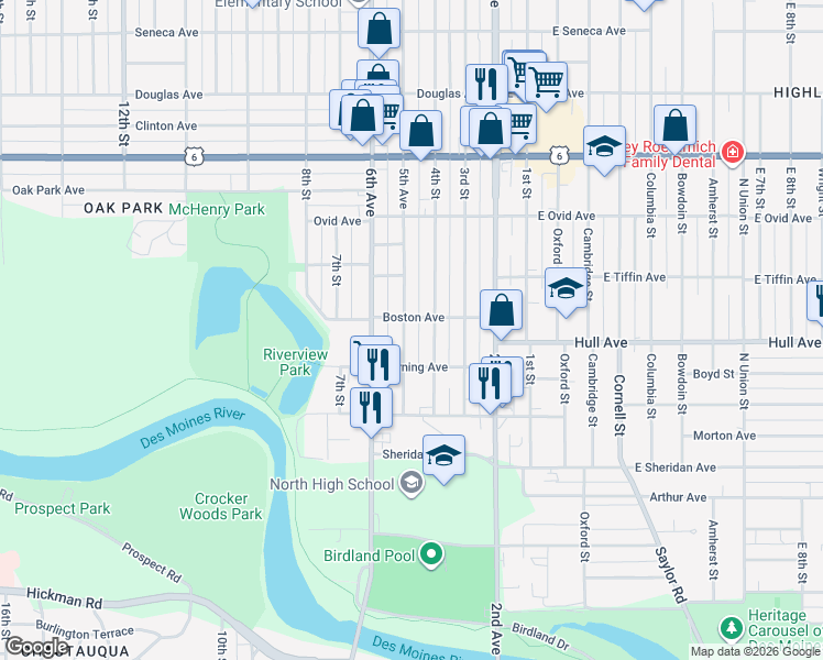 map of restaurants, bars, coffee shops, grocery stores, and more near 2908 4th Street in Des Moines