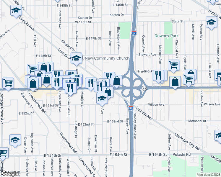 map of restaurants, bars, coffee shops, grocery stores, and more near E Sibley Blvd & Lincoln Ave in Dolton
