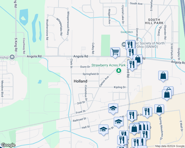map of restaurants, bars, coffee shops, grocery stores, and more near Springfield Drive in Holland