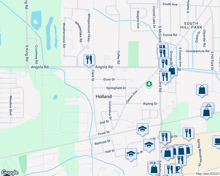 map of restaurants, bars, coffee shops, grocery stores, and more near Springfield Drive in Holland