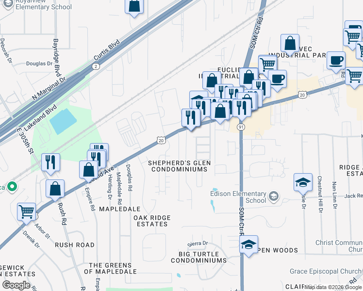 map of restaurants, bars, coffee shops, grocery stores, and more near 5051 Shepherds Glen in Willoughby