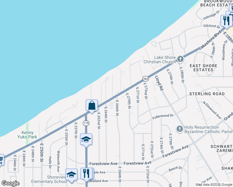 map of restaurants, bars, coffee shops, grocery stores, and more near 26588 Lakeshore Boulevard in Euclid