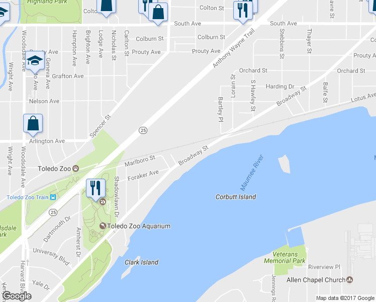 map of restaurants, bars, coffee shops, grocery stores, and more near 2463 Broadway Street in Toledo