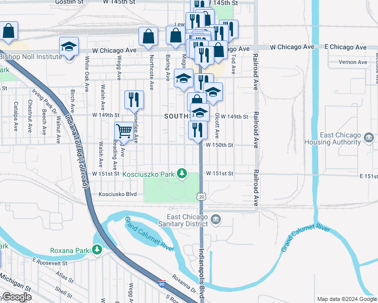 map of restaurants, bars, coffee shops, grocery stores, and more near 5034 Indianapolis Boulevard in East Chicago