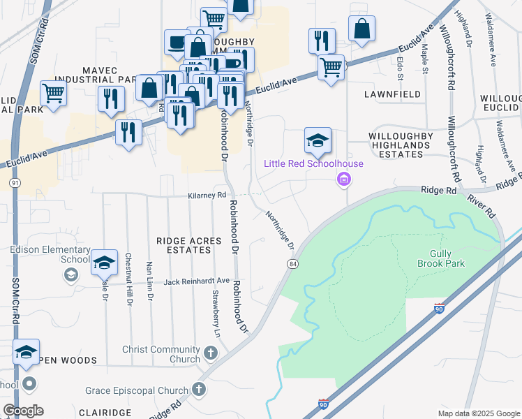 map of restaurants, bars, coffee shops, grocery stores, and more near 166 Northridge Drive in Willoughby