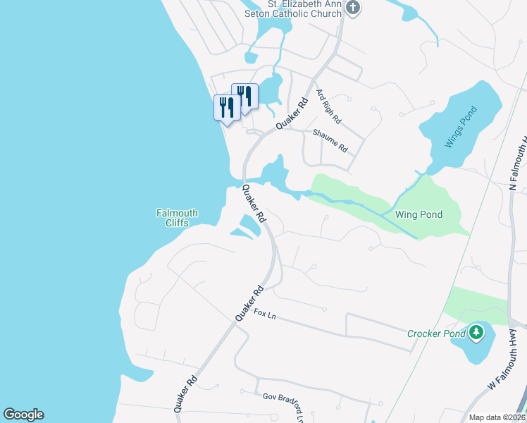 map of restaurants, bars, coffee shops, grocery stores, and more near 16 Jae Road in Falmouth
