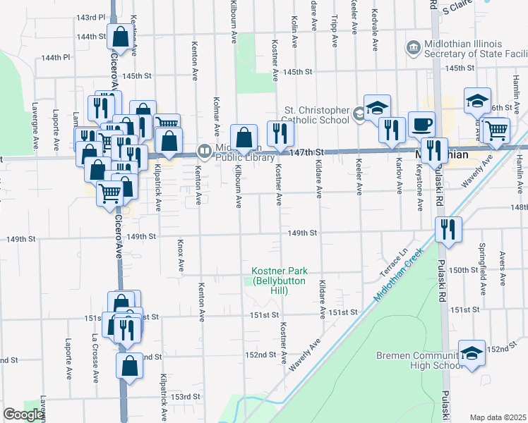 map of restaurants, bars, coffee shops, grocery stores, and more near 14850 Kenneth Avenue in Midlothian