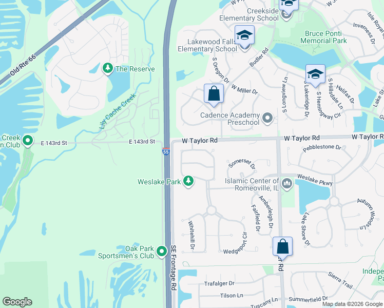 map of restaurants, bars, coffee shops, grocery stores, and more near 2061 Whitecliffe Drive in Romeoville