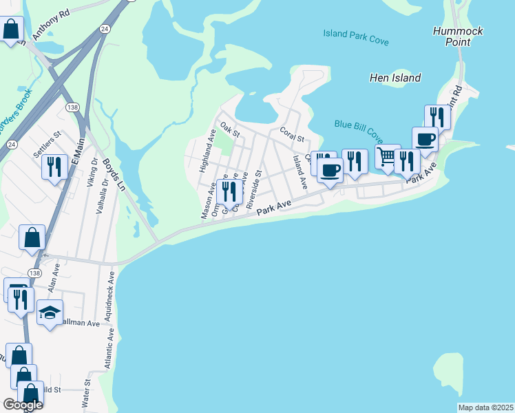 map of restaurants, bars, coffee shops, grocery stores, and more near 386 Park Avenue in Portsmouth