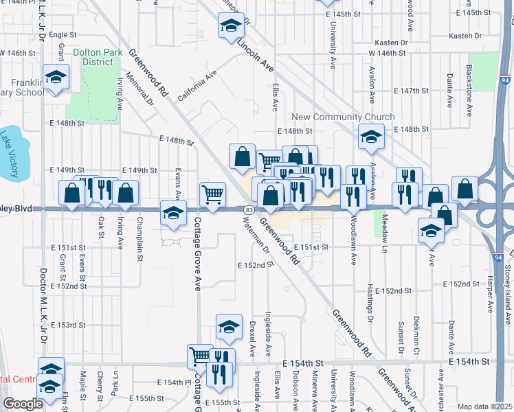 map of restaurants, bars, coffee shops, grocery stores, and more near 1000 East Sibley Boulevard in Dolton