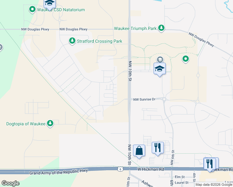 map of restaurants, bars, coffee shops, grocery stores, and more near 1012 Northwest Shriver Boulevard in Waukee