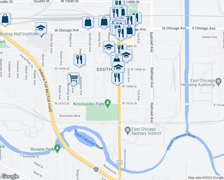 map of restaurants, bars, coffee shops, grocery stores, and more near 5009 Magoun Avenue in East Chicago