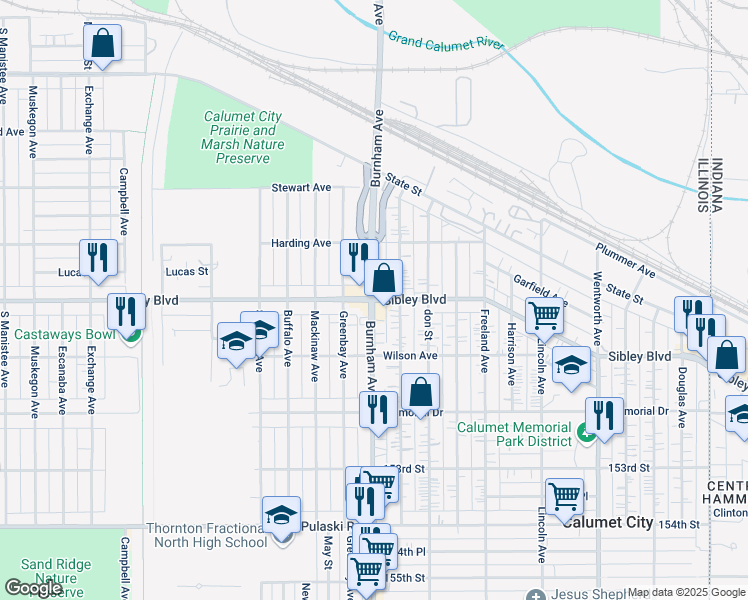map of restaurants, bars, coffee shops, grocery stores, and more near Burnham Ave & Sibley Blvd in Calumet City