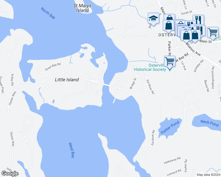 map of restaurants, bars, coffee shops, grocery stores, and more near 145 Bridge Street in Barnstable