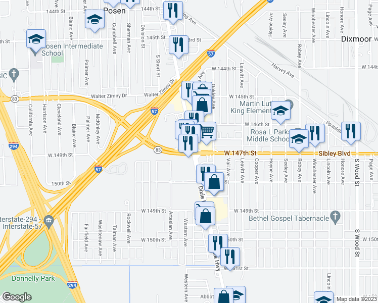 map of restaurants, bars, coffee shops, grocery stores, and more near 534 147th Street in Posen