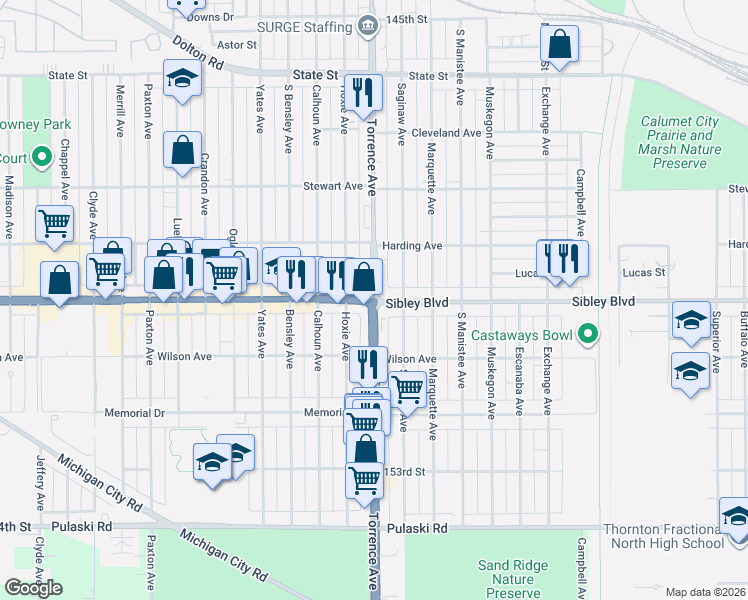 map of restaurants, bars, coffee shops, grocery stores, and more near 470 Torrence Avenue in Calumet City