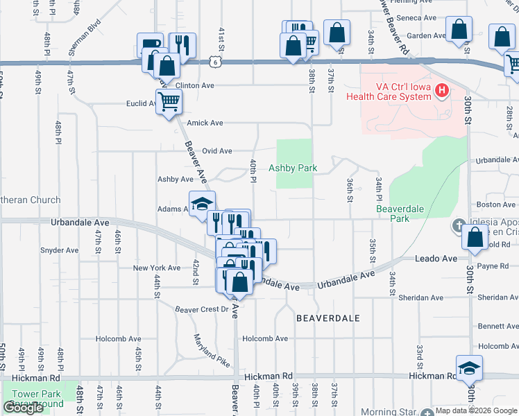 map of restaurants, bars, coffee shops, grocery stores, and more near 3122 40th Place in Des Moines