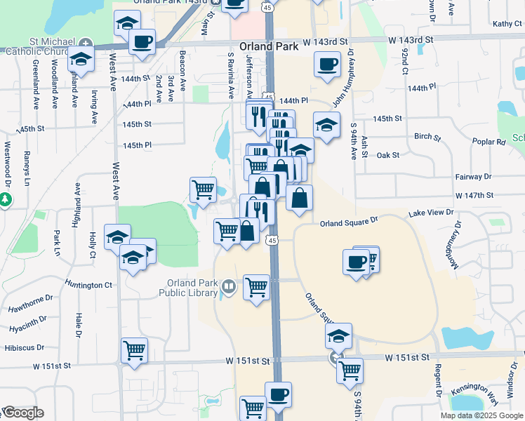 map of restaurants, bars, coffee shops, grocery stores, and more near 14680 South La Grange Road in Orland Park