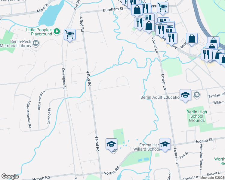map of restaurants, bars, coffee shops, grocery stores, and more near 85 Winding Meadow Drive in Berlin