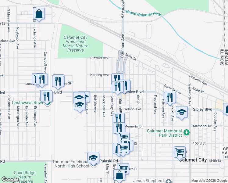 map of restaurants, bars, coffee shops, grocery stores, and more near 638 Sibley Boulevard in Calumet City