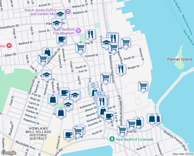 map of restaurants, bars, coffee shops, grocery stores, and more near 100 Acushnet Avenue in New Bedford