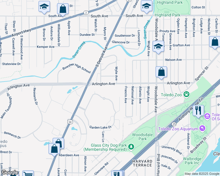 map of restaurants, bars, coffee shops, grocery stores, and more near 2056 Arlington Avenue in Toledo