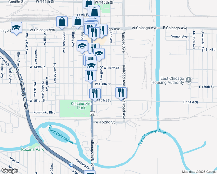 map of restaurants, bars, coffee shops, grocery stores, and more near 4936 Tod Avenue in East Chicago