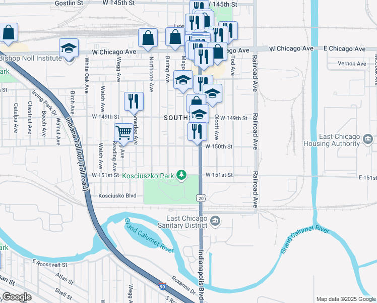 map of restaurants, bars, coffee shops, grocery stores, and more near 800-898 W 150th St in East Chicago