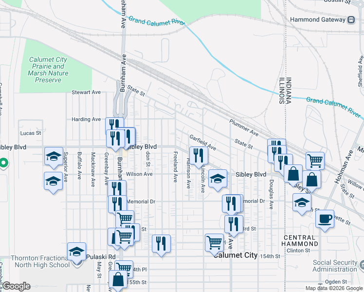 map of restaurants, bars, coffee shops, grocery stores, and more near 442 Harrison Avenue in Calumet City