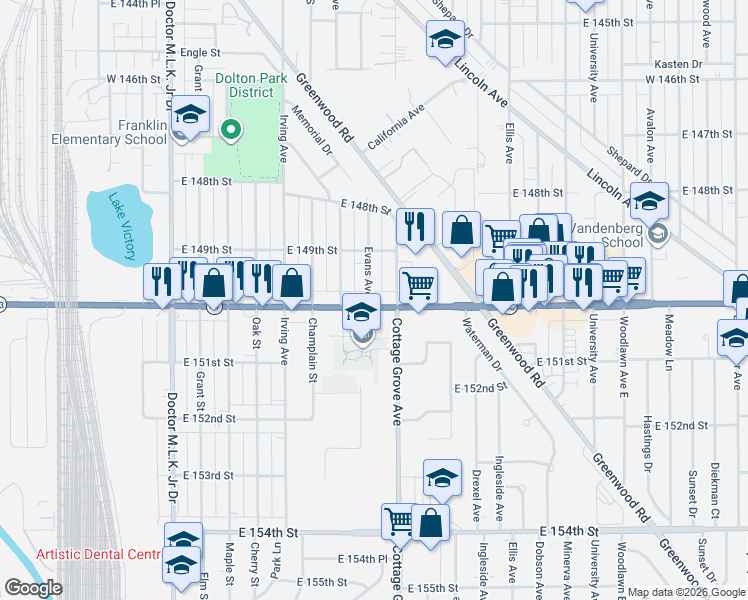 map of restaurants, bars, coffee shops, grocery stores, and more near 14921 Evans Avenue in Dolton