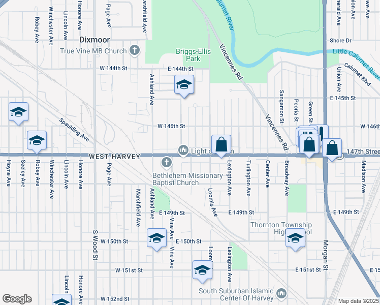 map of restaurants, bars, coffee shops, grocery stores, and more near 57 East 147th Street in Harvey