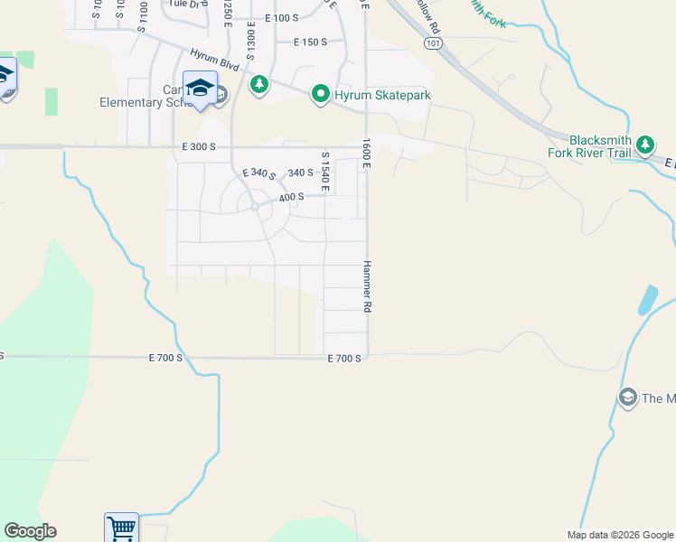 map of restaurants, bars, coffee shops, grocery stores, and more near 1540 East 500 South in Hyrum