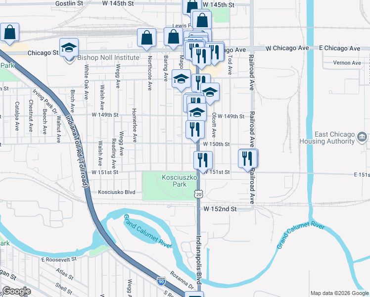 map of restaurants, bars, coffee shops, grocery stores, and more near 800-898 W 150th St in East Chicago