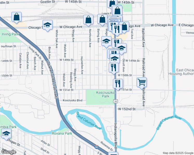 map of restaurants, bars, coffee shops, grocery stores, and more near 5008 Baring Avenue in East Chicago